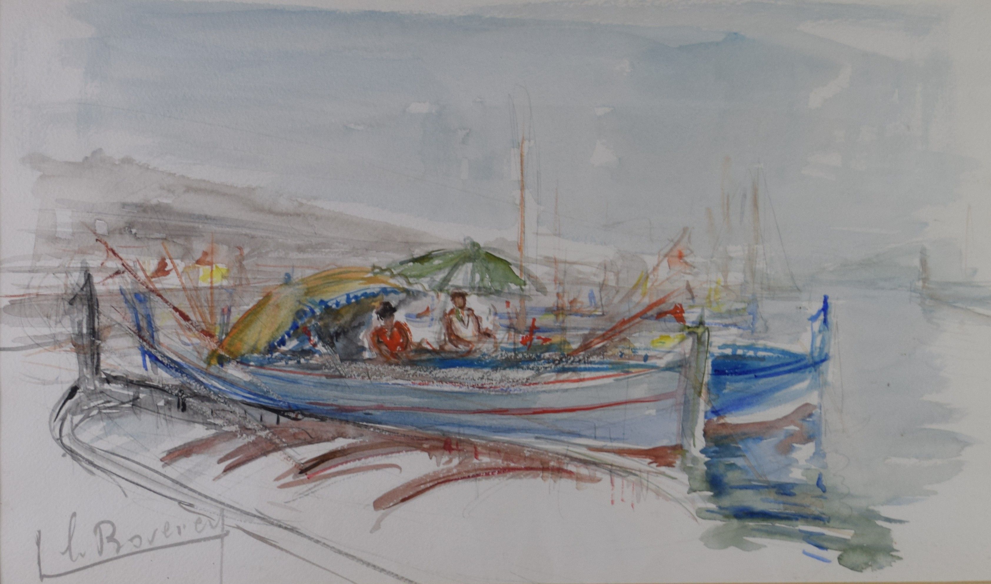 tableau Journée ensoleillée sur les pointus    marine,personnage  aquarelle papier 2ième moitié 20e siècle