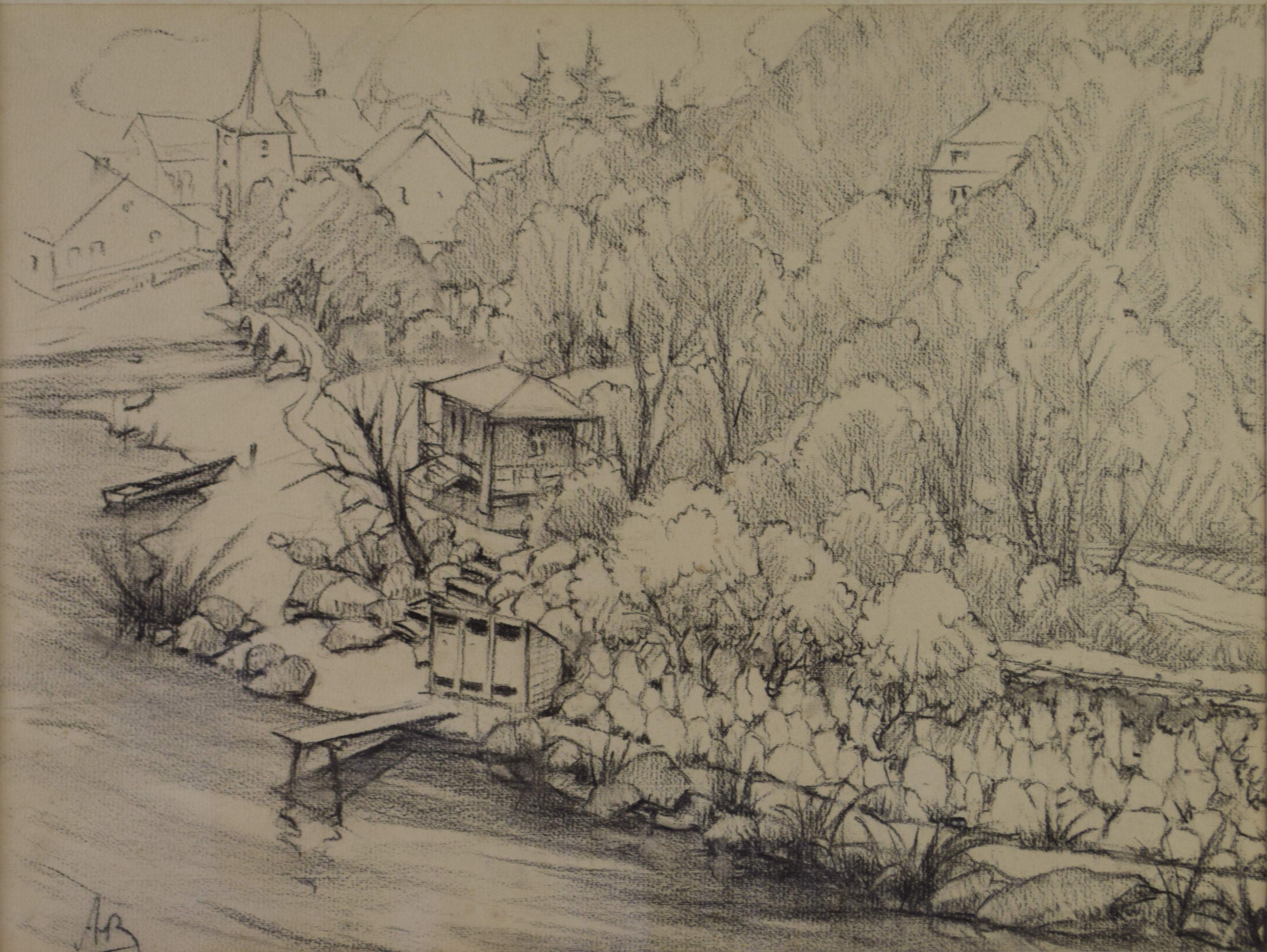tableau Les cabines et le plongeoir   paysage,village  crayon papier 1ère moitié 20e siècle