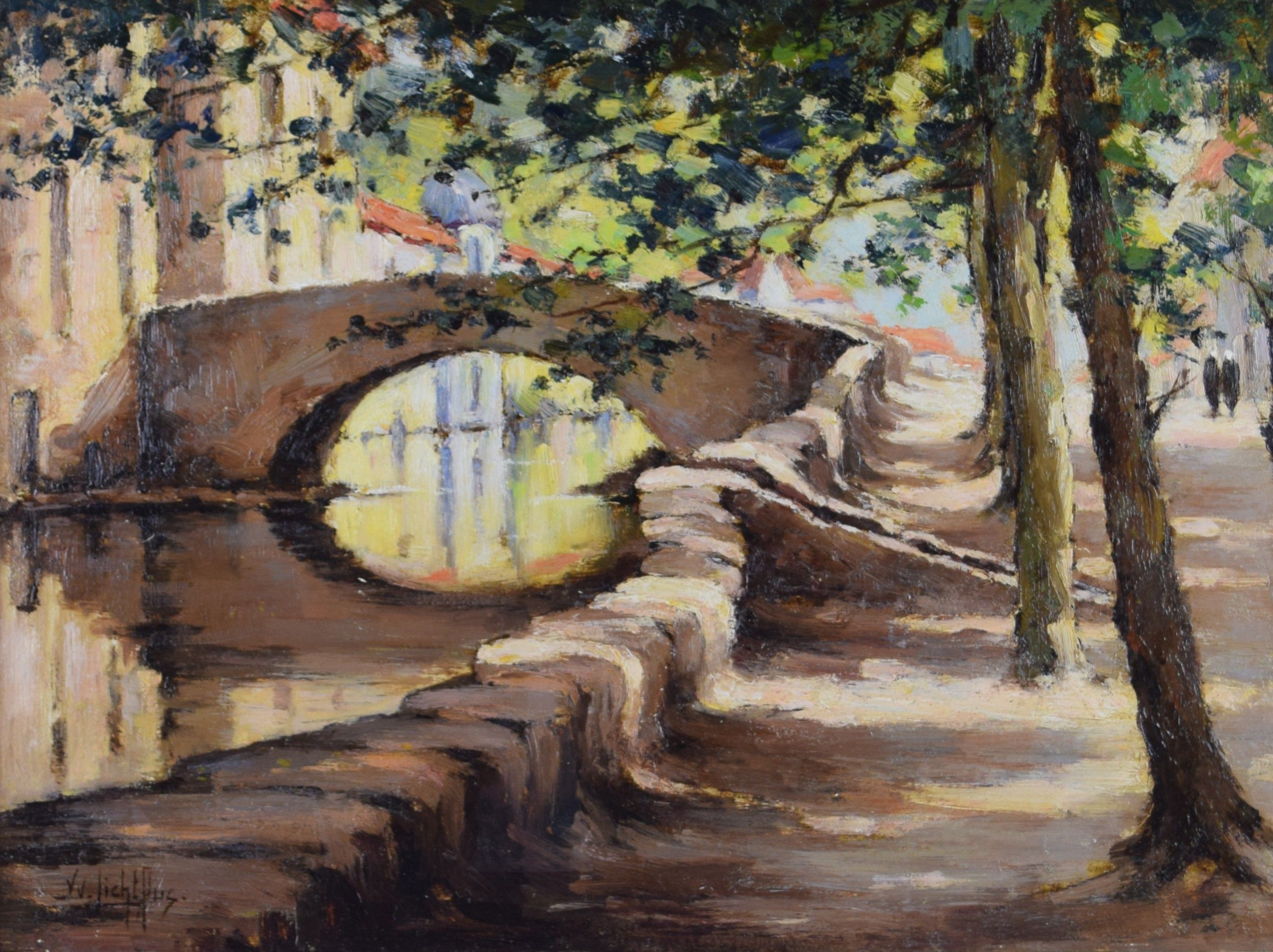 tableau Quai vert à bruges Lichtfus Yvette personnage,ville  huile unalite 2ième moitié 20e siècle