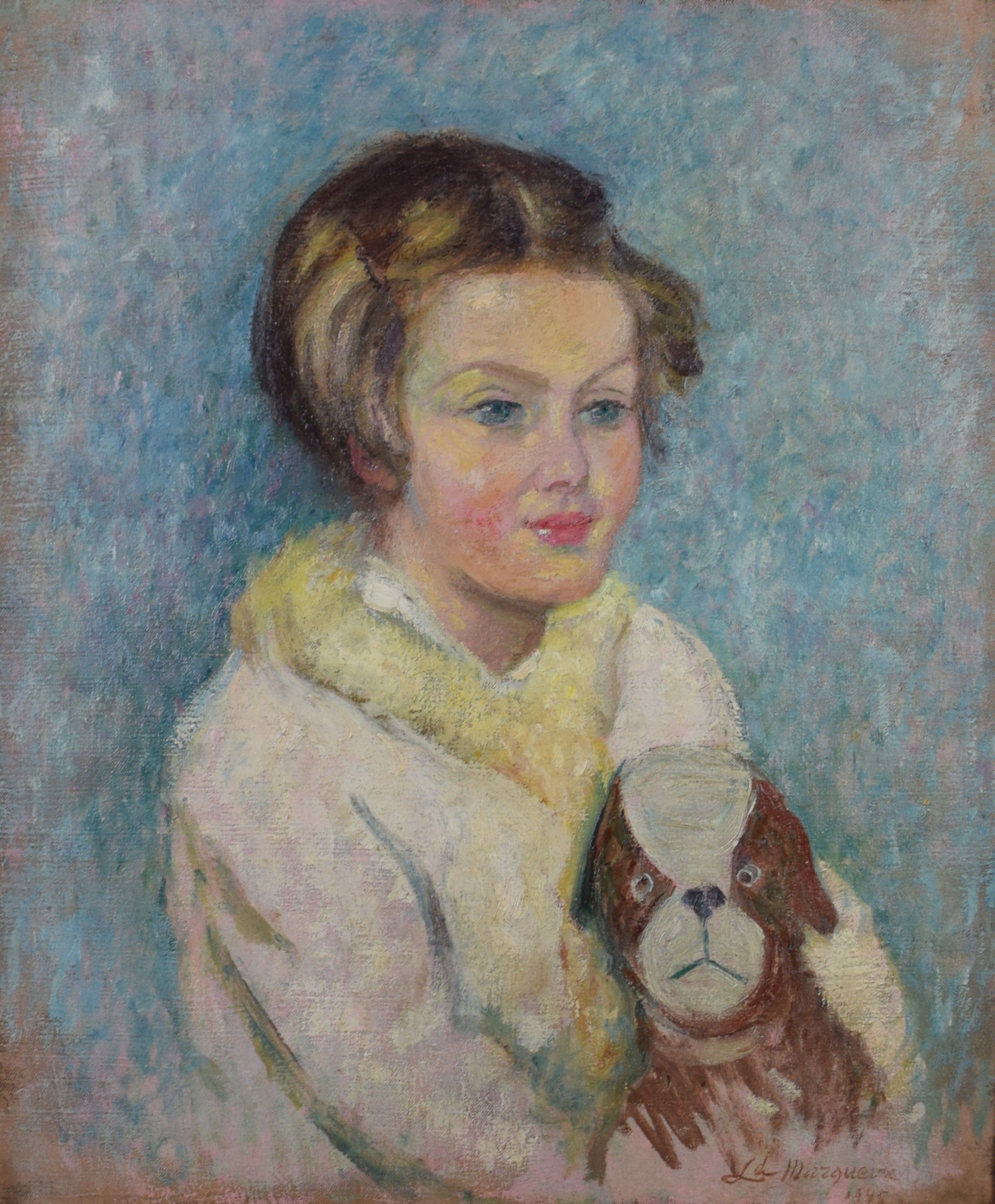 tableau La peluche Marguerie  Roland personnage  huile toile 1ère moitié 20e siècle
