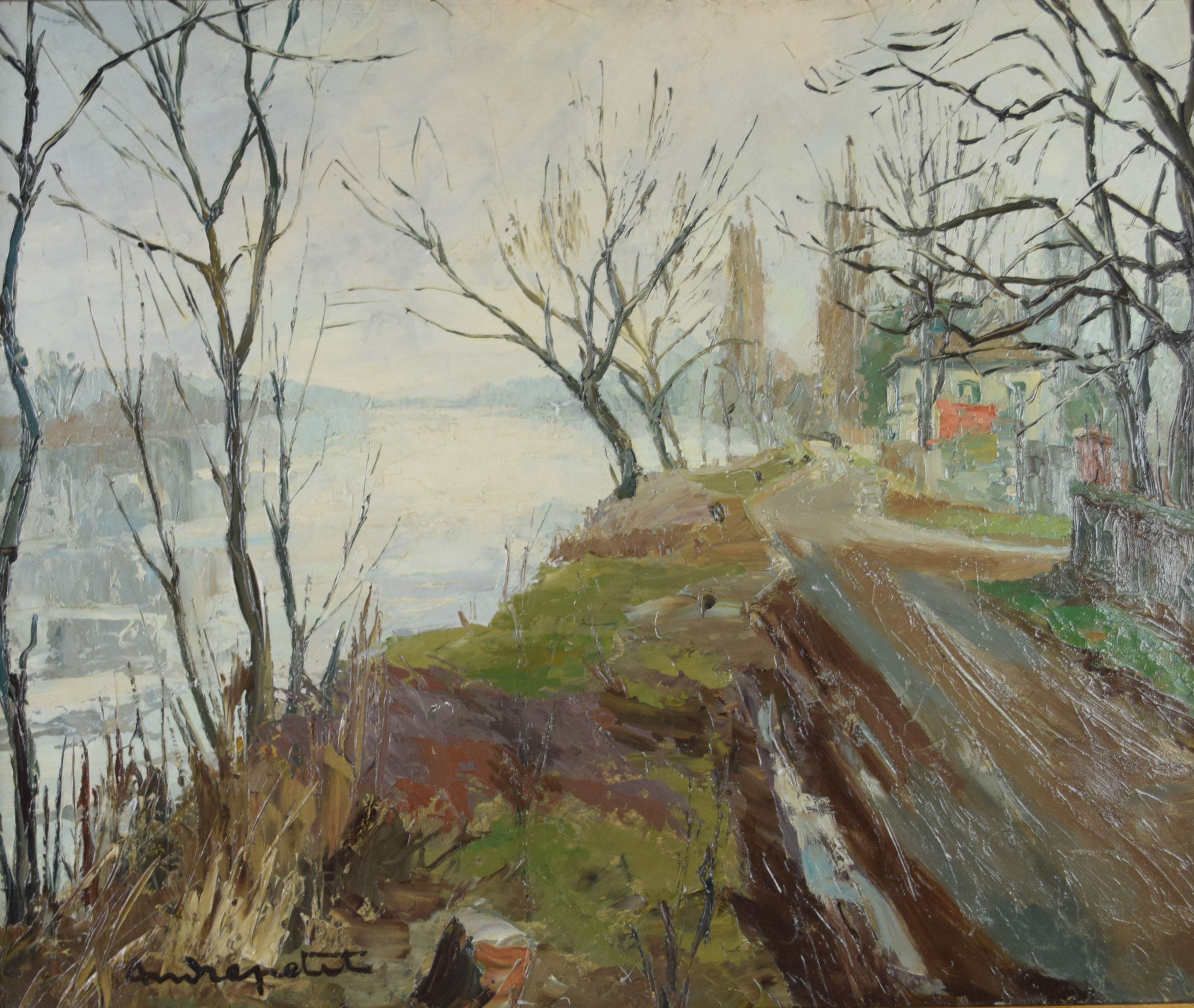 tableau Auberge du fruit défendu Bougival Petit André paysage,village  huile toile 2ième moitié 20e siècle