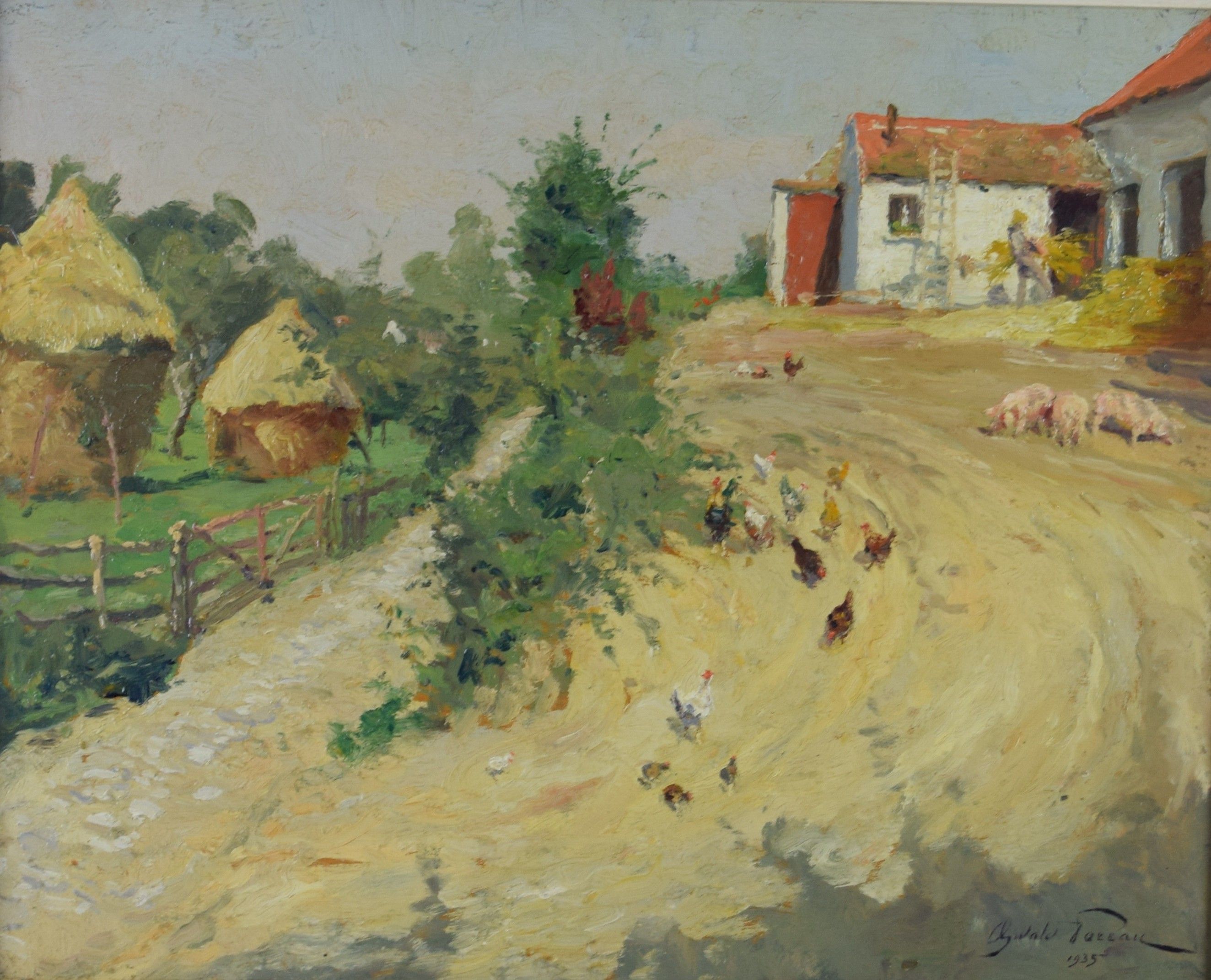 tableau La ferme aux cochons Poreau Oswald animaux,personnage,scène rurale  huile panneau 1ère moitié 20e siècle