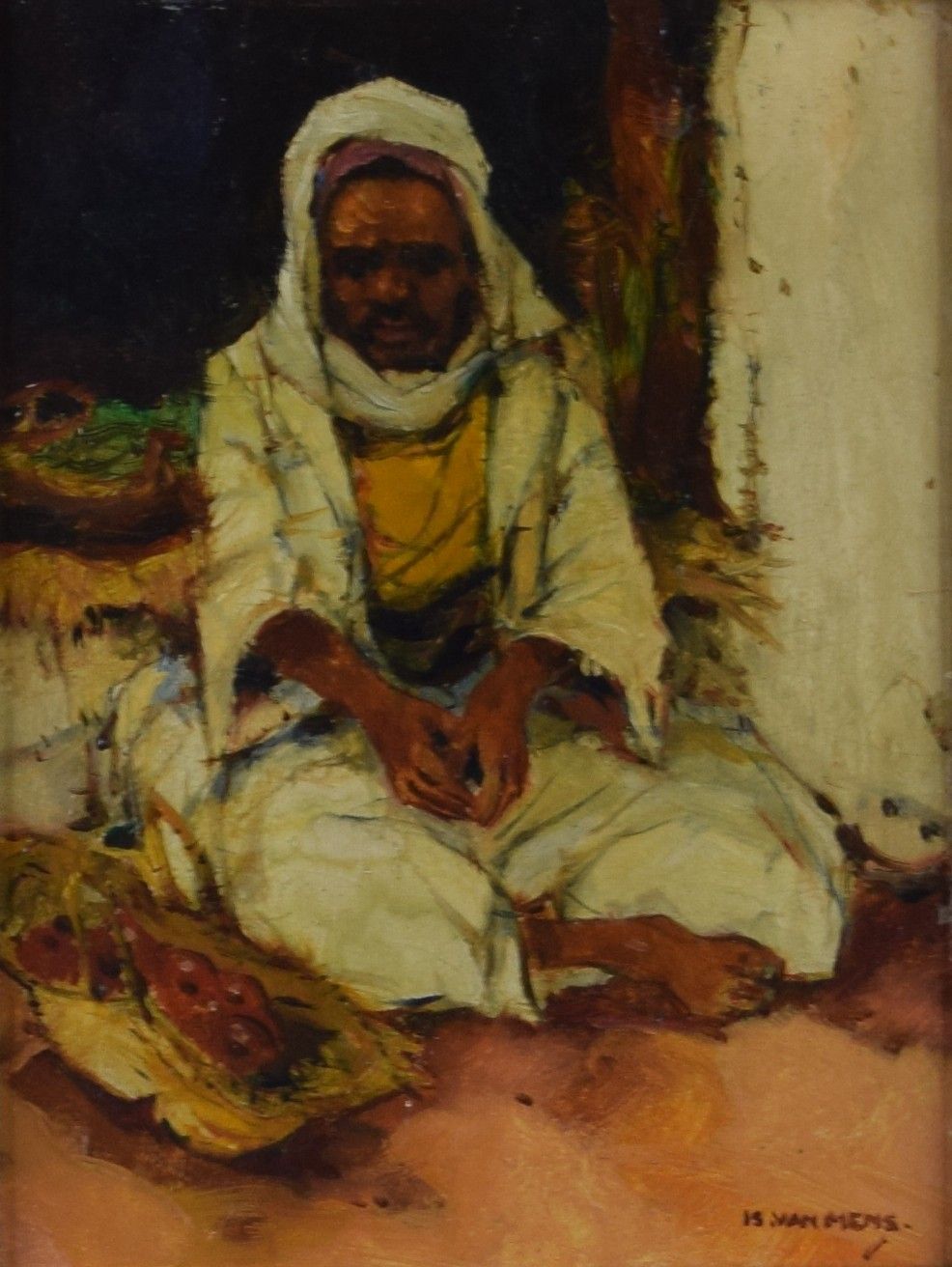 tableau Au marché Van Mens Isidore personnage,africaniste  huile panneau 1ère moitié 20e siècle