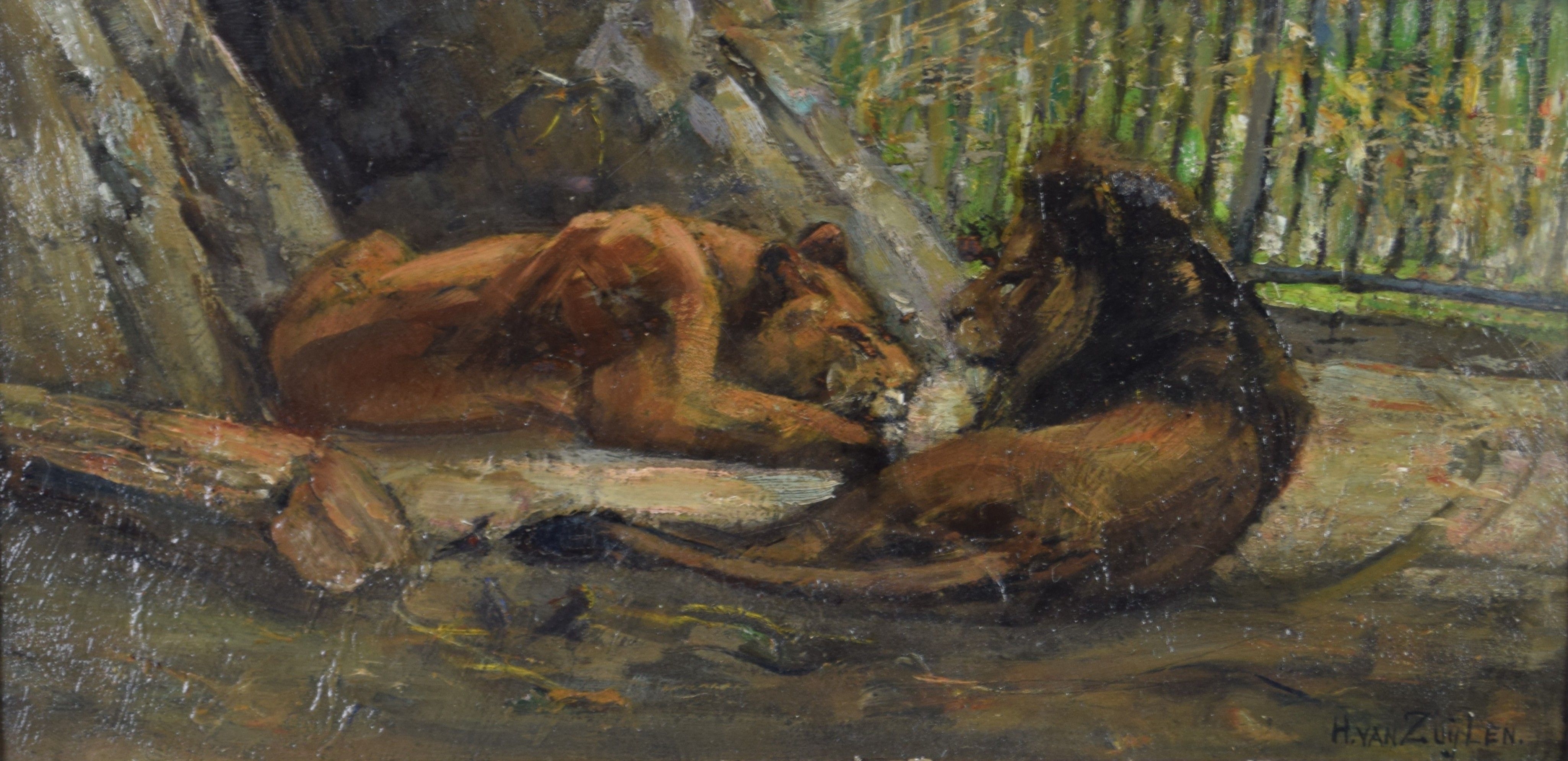 tableau Le couple de lions Van Zuylen Henri animaux  gravure panneau 1ère moitié 20e siècle