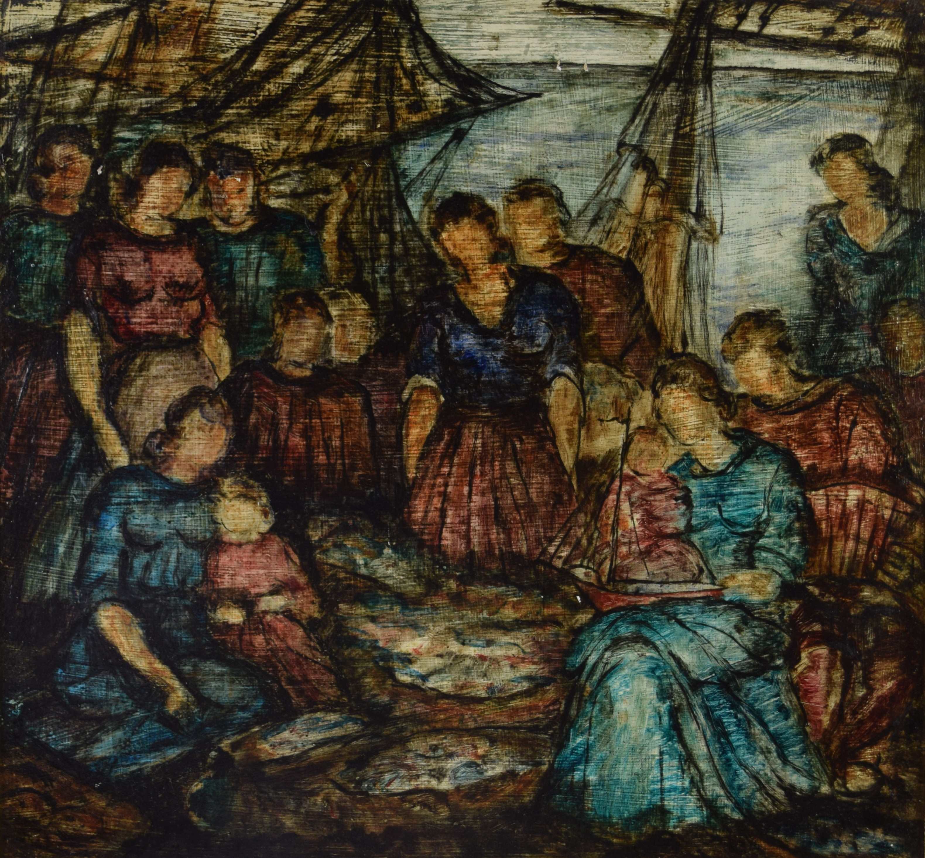 tableau Les familles de pêcheurs Vervisch Jean marine,personnage  huile triplex 