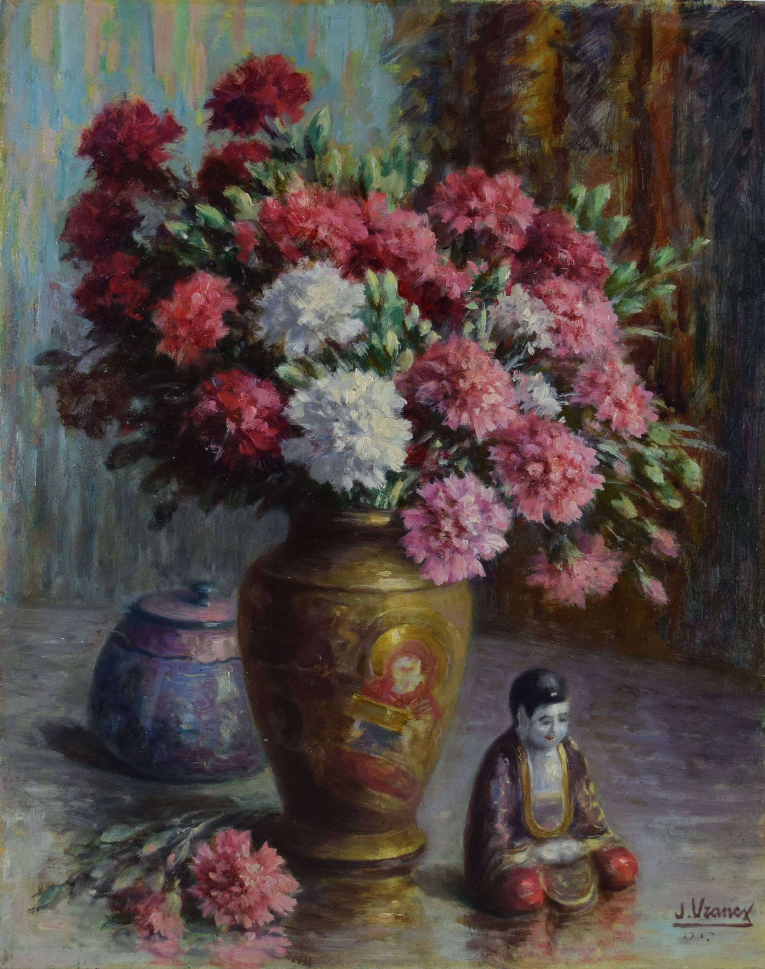 tableau Fleures et chinoiseries  Vrancx J nature morte  huile unalite 1ère moitié 20e siècle