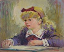 tableau La petite lectrice   Aers Marguerite personnage  huile isorel 2ième moitié 20e siècle