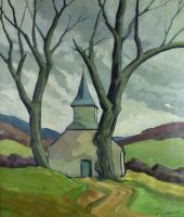 tableau La chapelle aux environs de la Lesse Delaite Charles paysage,église  huile toile 2ième moitié 20e siècle