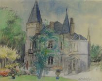 tableau Journée au château  Delescluze Edmond paysage,personnage  mixte papier 2ième moitié 20e siècle