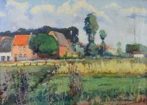 tableau Le village et les piquets du tir à l'arc  Fermeuse Victor village  huile toile 1ère moitié 20e siècle