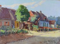 tableau Au nord de Bruxelles Fermeuse Victor personnage,village  huile toile 1ère moitié 20e siècle