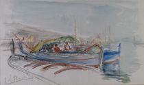 tableau Journée ensoleillée sur les pointus    marine,personnage  aquarelle papier 2ième moitié 20e siècle
