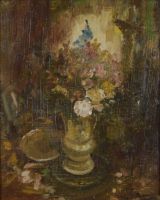 tableau Le milieu de table fleuris    fleurs,nature morte  huile panneau 1ère moitié 20e siècle