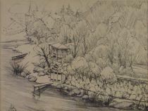 tableau Les cabines et le plongeoir   paysage,village  crayon papier 1ère moitié 20e siècle