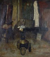 tableau L'atelier du peintre Oyens David scène d'intérieur  huile toile 1ère moitié 20e siècle