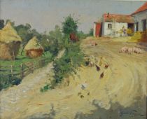 tableau La ferme aux cochons Poreau Oswald animaux,personnage,scène rurale  huile panneau 1ère moitié 20e siècle