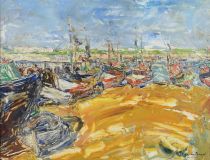tableau L'estacade  Van Paemel Léo humoristique,marine  huile isorel 2ième moitié 20e siècle