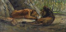tableau Le couple de lions Van Zuylen Henri animaux  gravure panneau 1ère moitié 20e siècle