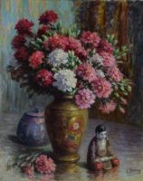 tableau Fleures et chinoiseries  Vrancx J nature morte  huile unalite 1ère moitié 20e siècle