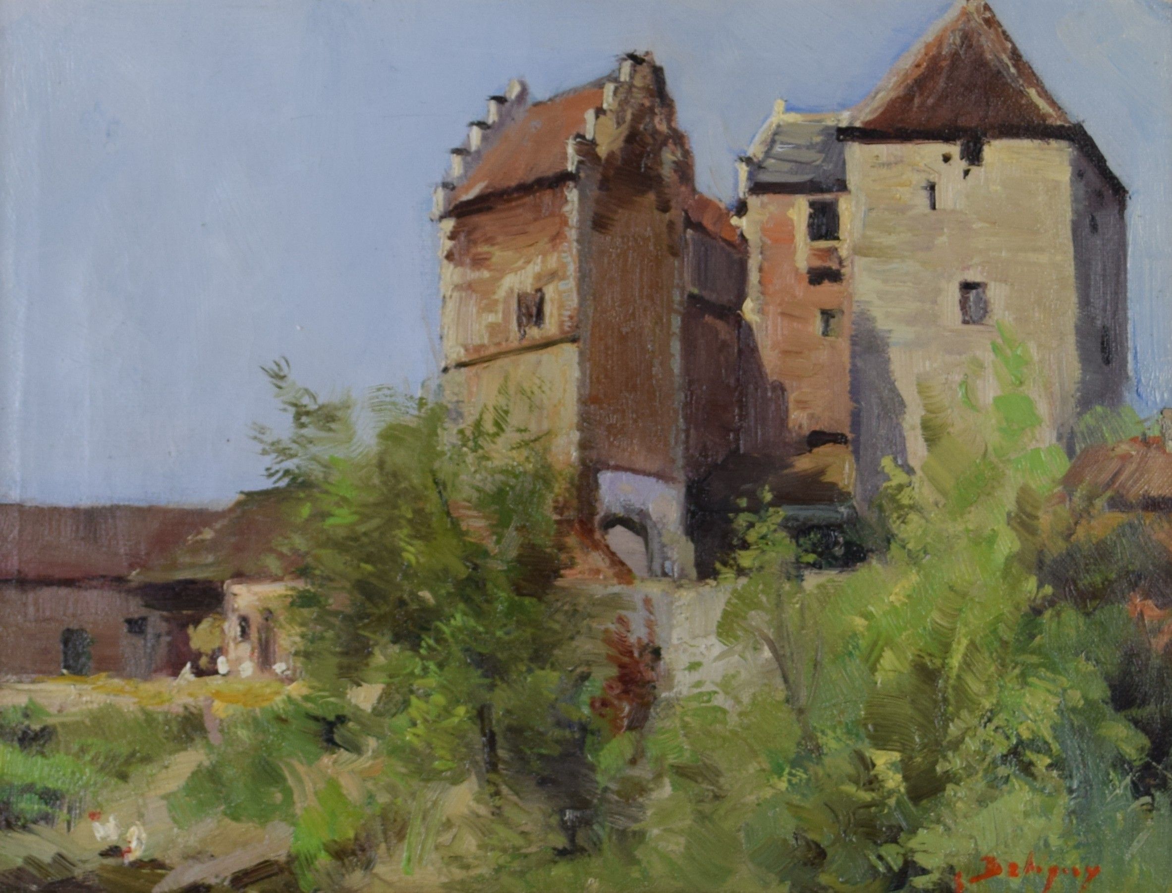 tableau Château ferme à Bodeghem Betigny Ernest animaux,village  huile toile 1ère moitié 20e siècle