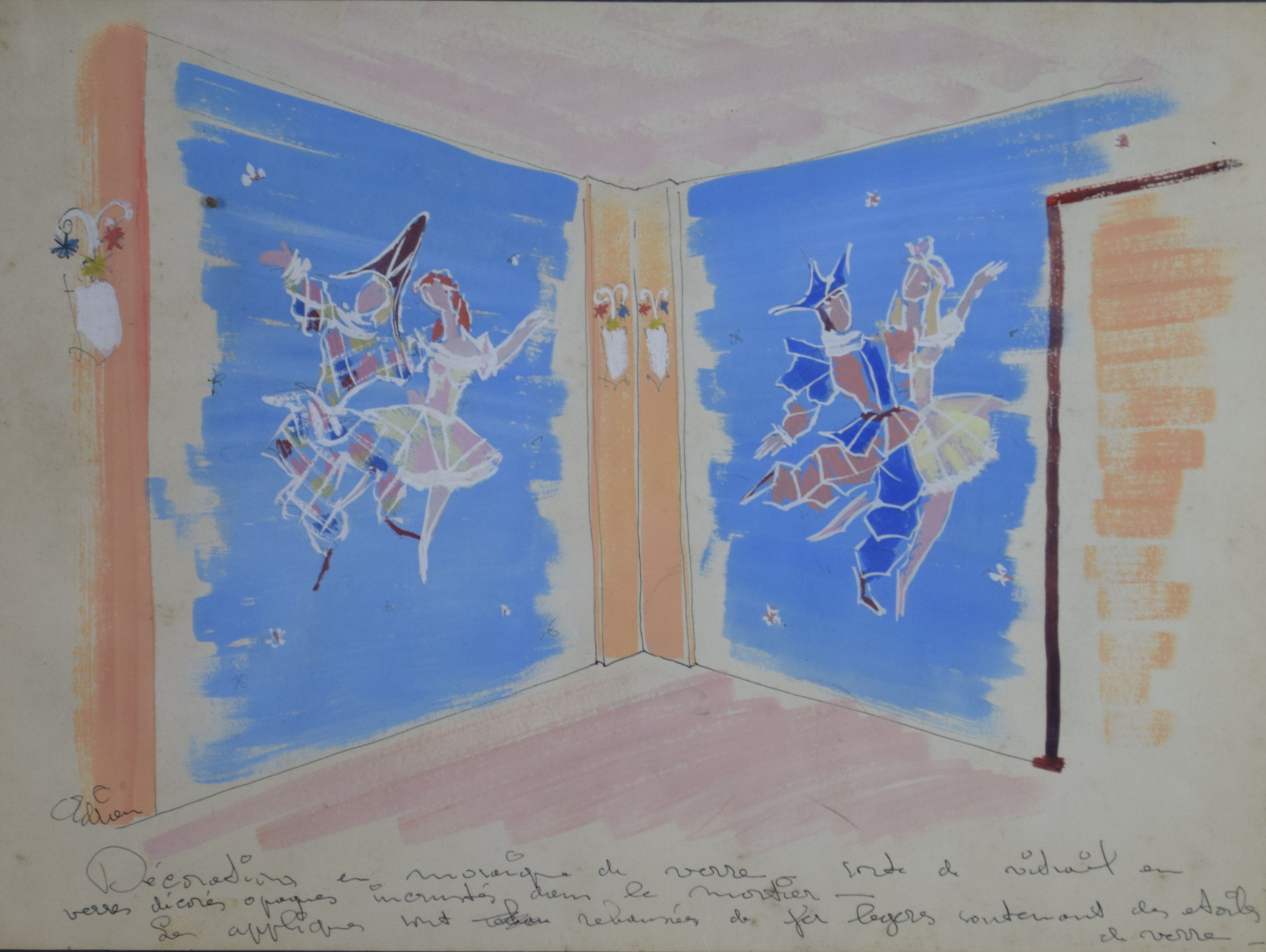 tableau Etude de décor 2 Dekeyser (Adrien) Adrien scène d'intérieur  gouache papier 2ième moitié 20e siècle