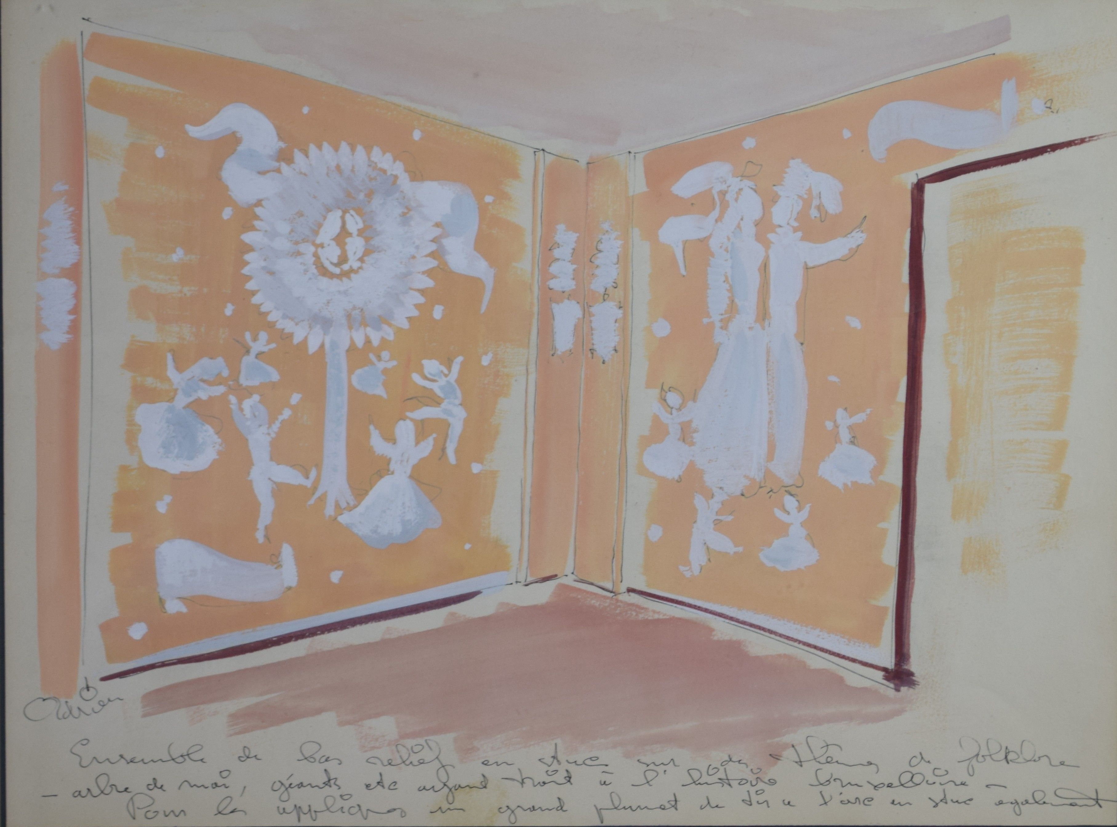 tableau Etude de décor 3 Dekeyser (Adrien) Adrien scène d'intérieur  gouache papier 2ième moitié 20e siècle