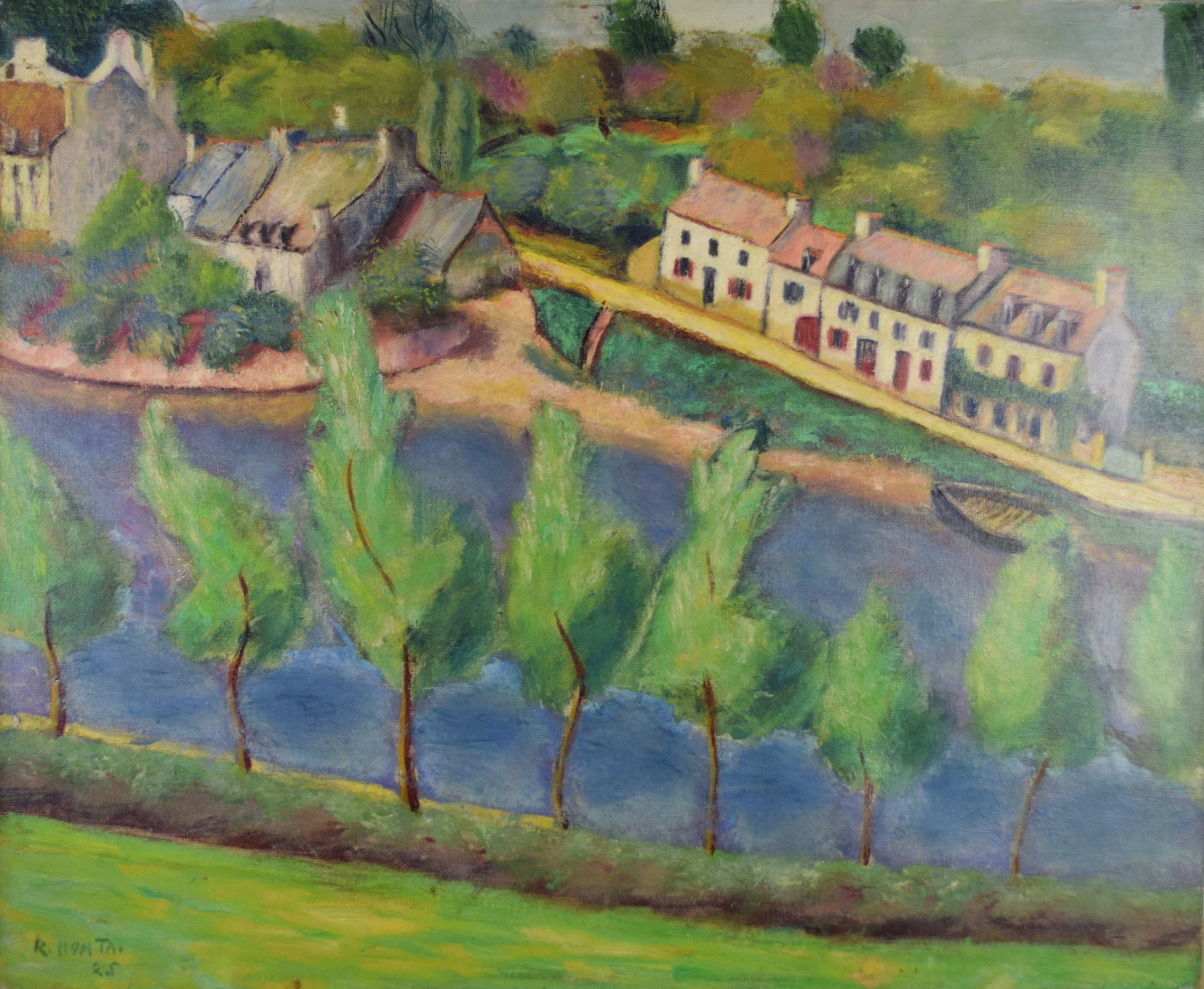 tableau Le long du cour d'eau  Honta Renée paysage,village  huile toile 1ère moitié 20e siècle