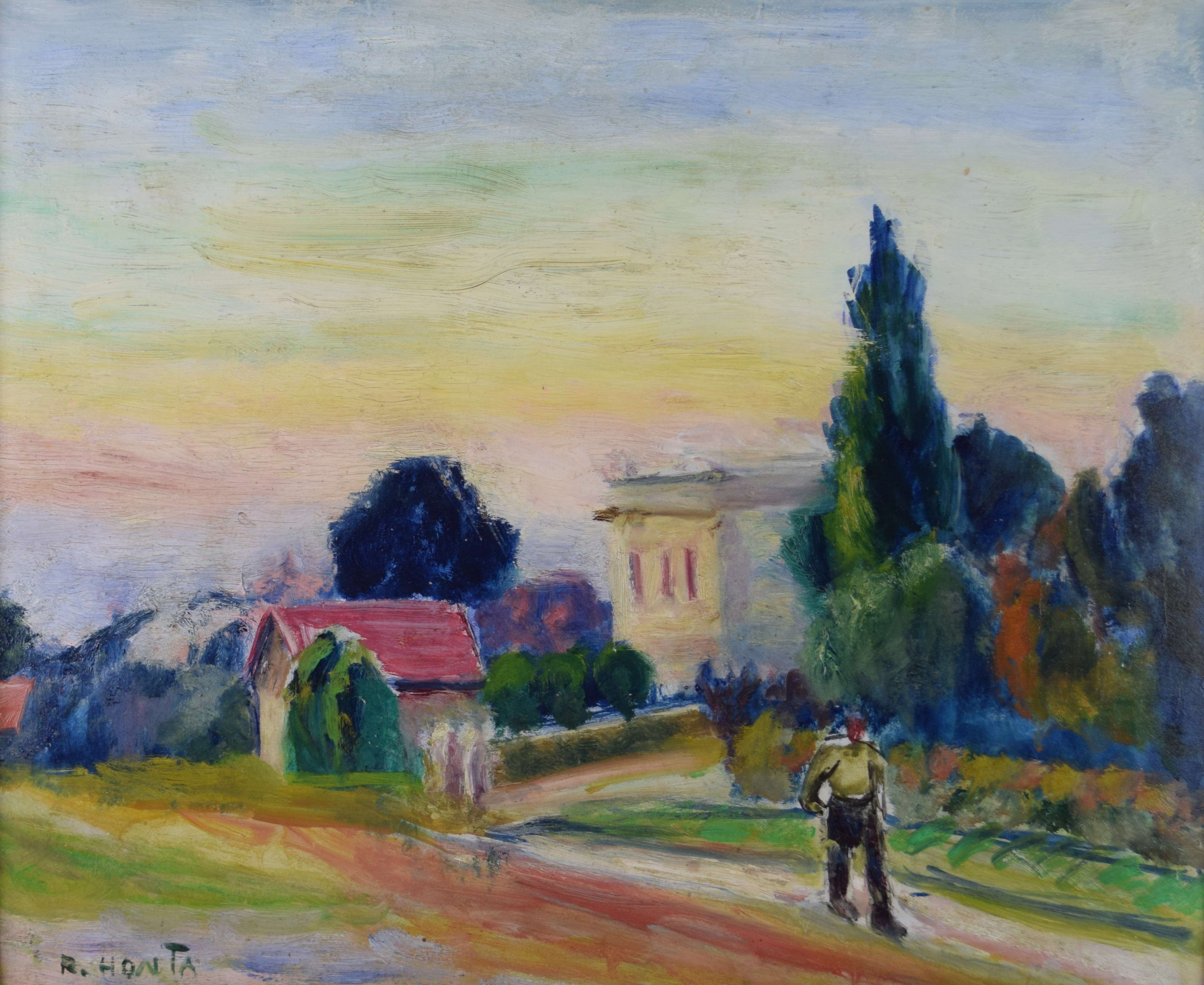 tableau Sur le chemin Honta Renée paysage,personnage  huile carton 1ère moitié 20e siècle