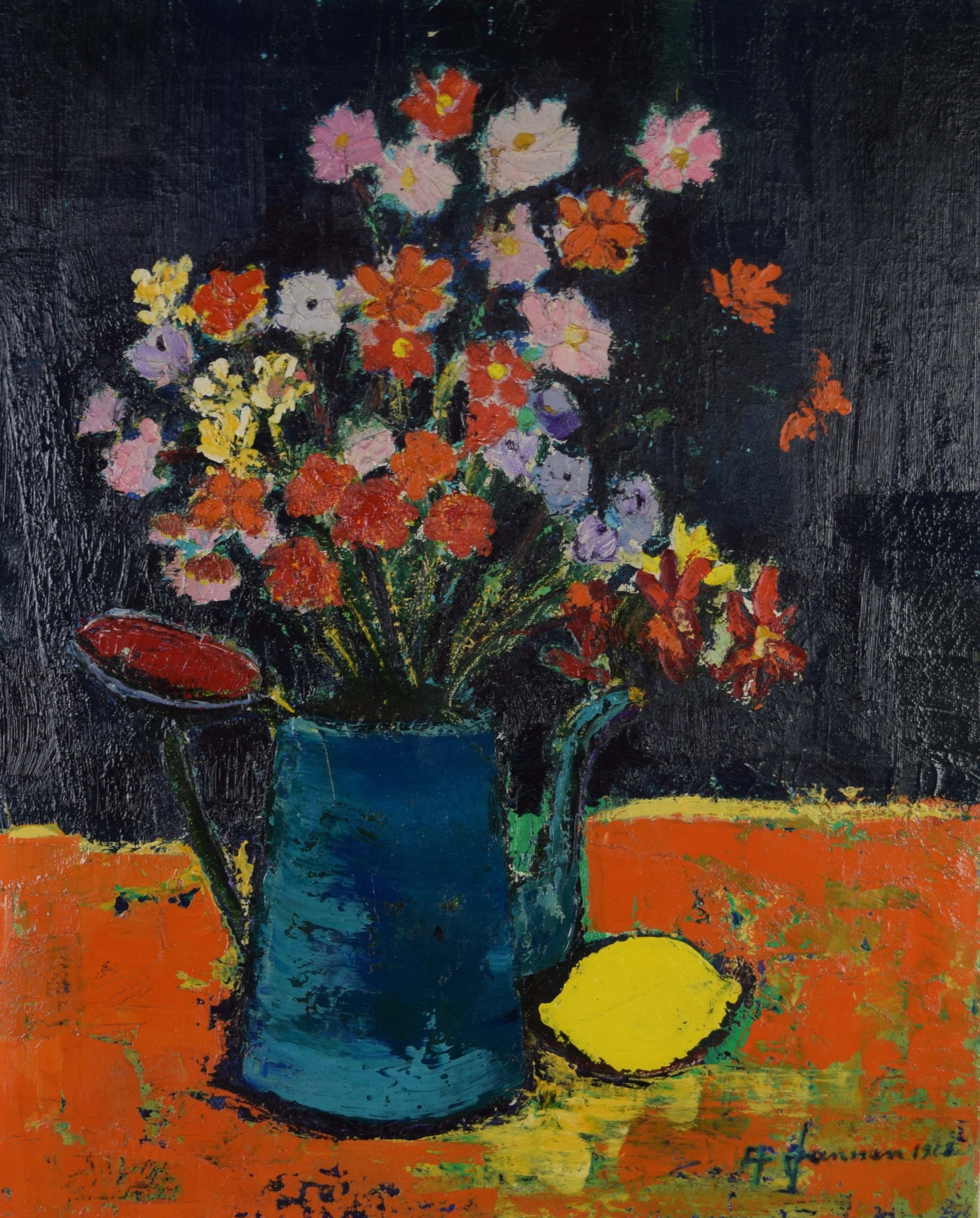 tableau Les fleures et le citron  Janssens A fleurs,nature morte  huile toile 2ième moitié 20e siècle