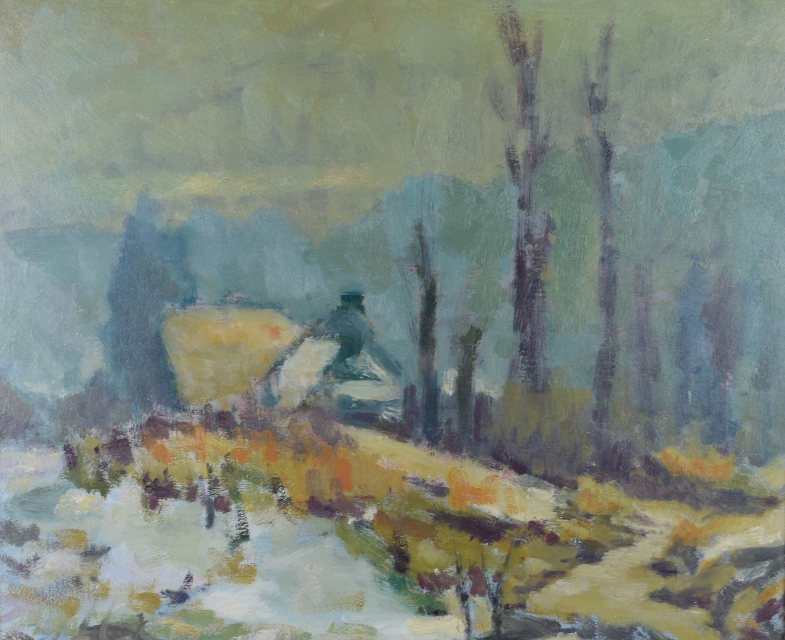 tableau La chaumière   paysage  huile isorel 2ième moitié 20e siècle