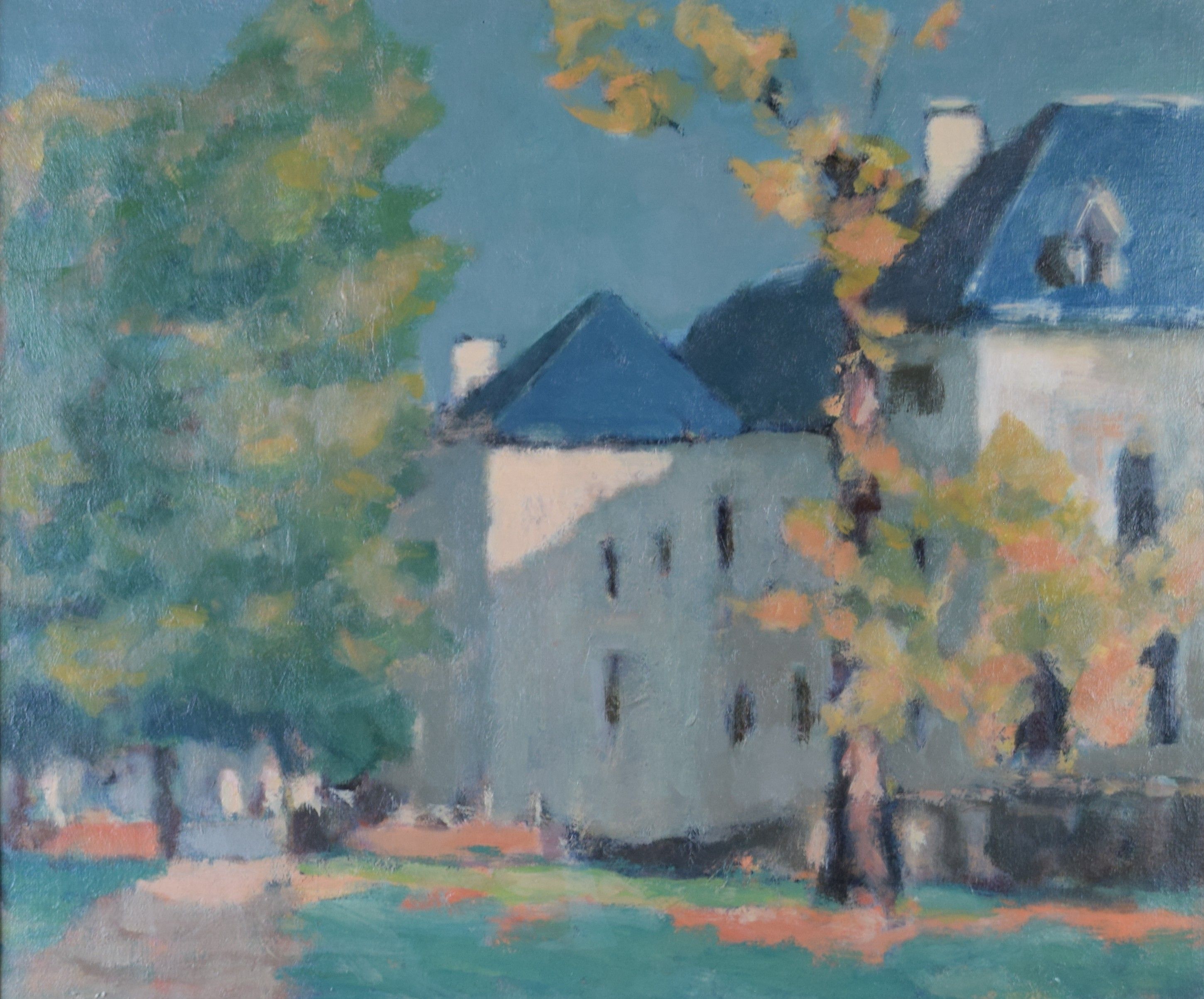 tableau Le chemin du château   paysage  huile toile 2ième moitié 20e siècle