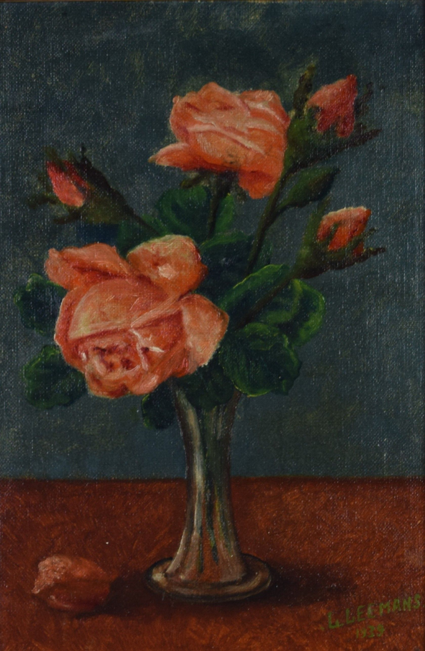 tableau Les roses Leemans L fleurs,nature morte  huile toile 1ère moitié 20e siècle