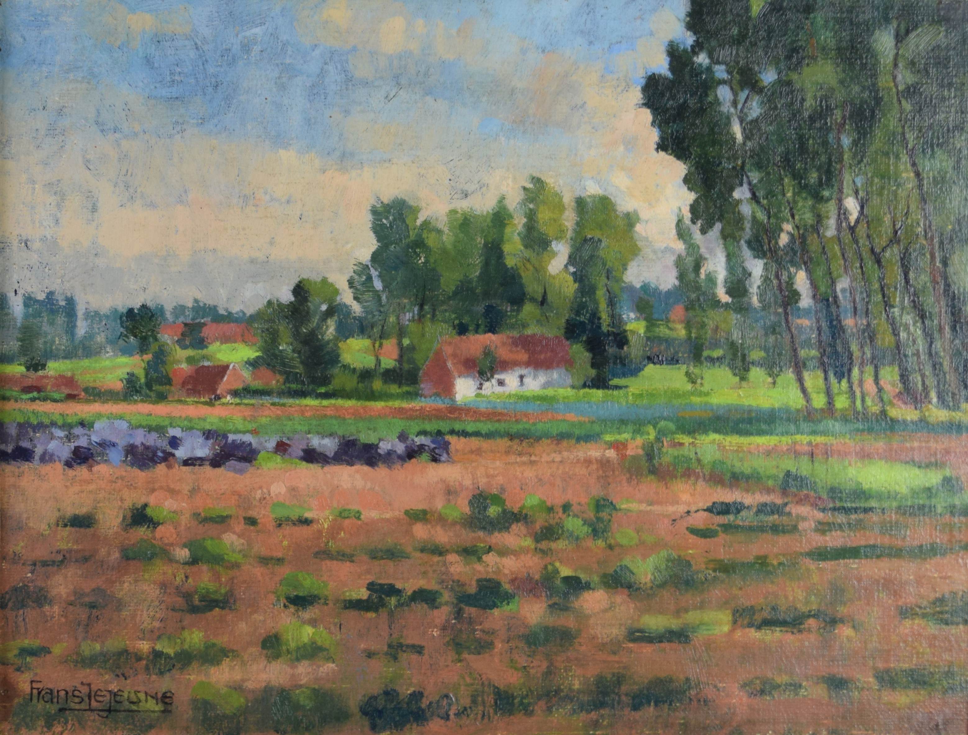 tableau Koeivijver à Dilbeek Lejeune Frans paysage  huile panneau 1ère moitié 20e siècle