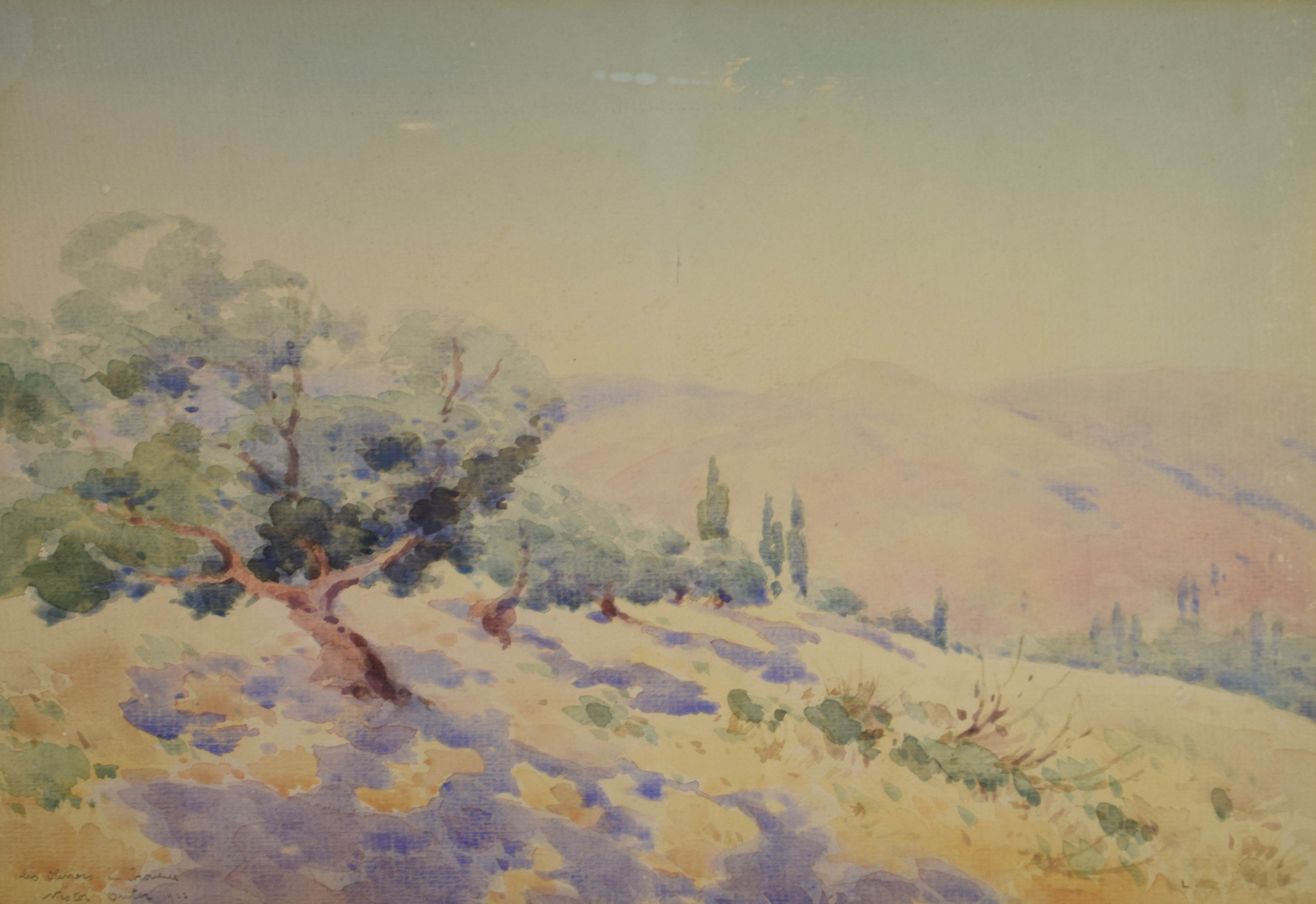 tableau Les Oliviers en Provence Outer Nestor paysage  aquarelle papier 1ère moitié 20e siècle
