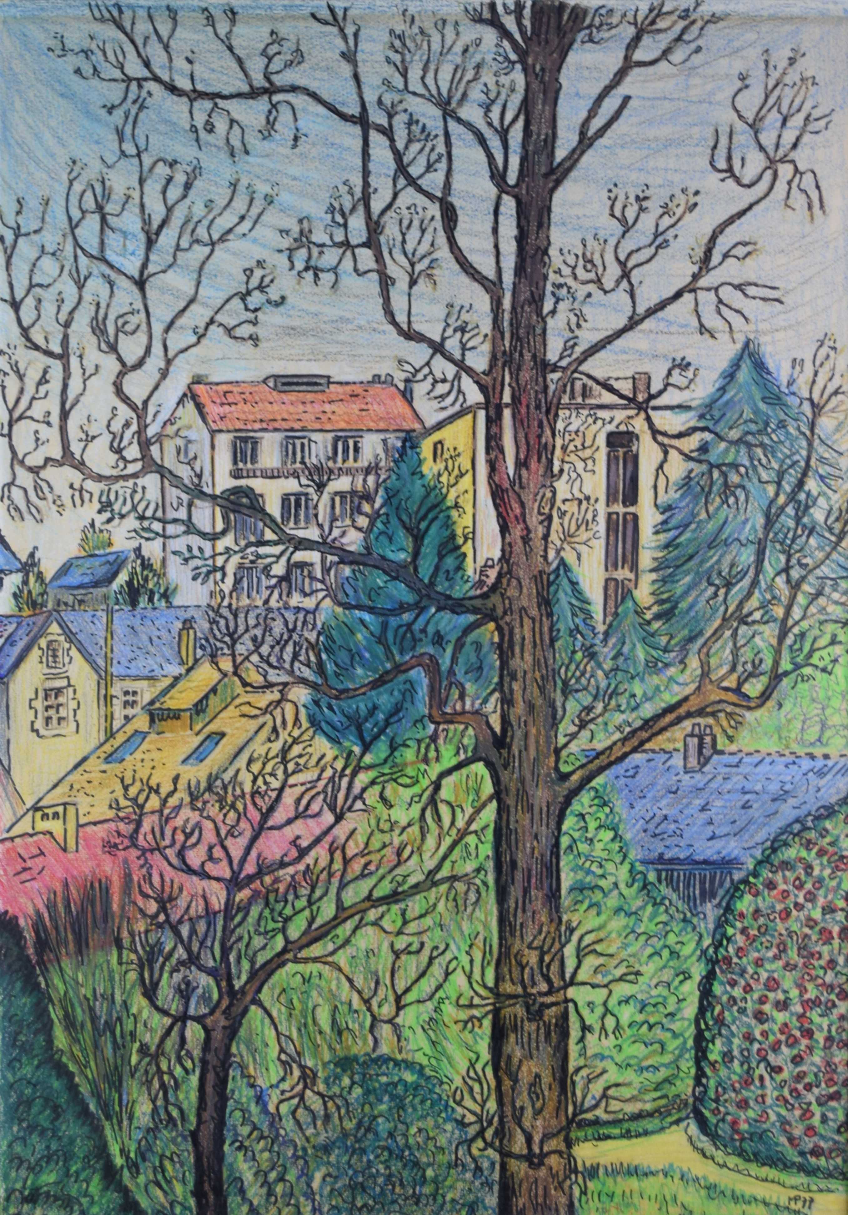 tableau Les fonds de jardins Perrot M paysage  mixte papier 2ième moitié 20e siècle