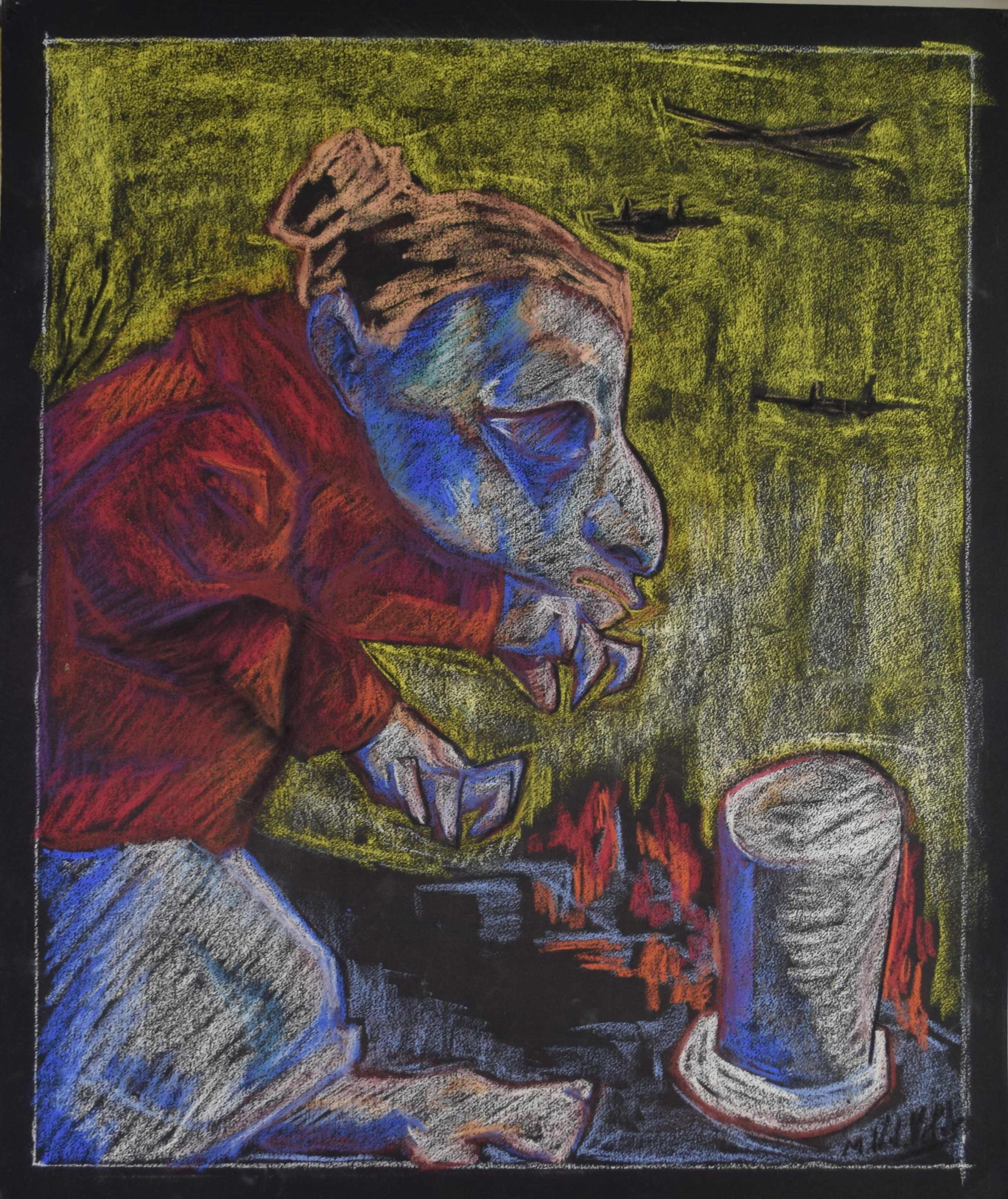 tableau Les doigts crochus  Van de Velde Manu  (Albert) fantastique,personnage  fusain papier 2ième moitié 20e siècle