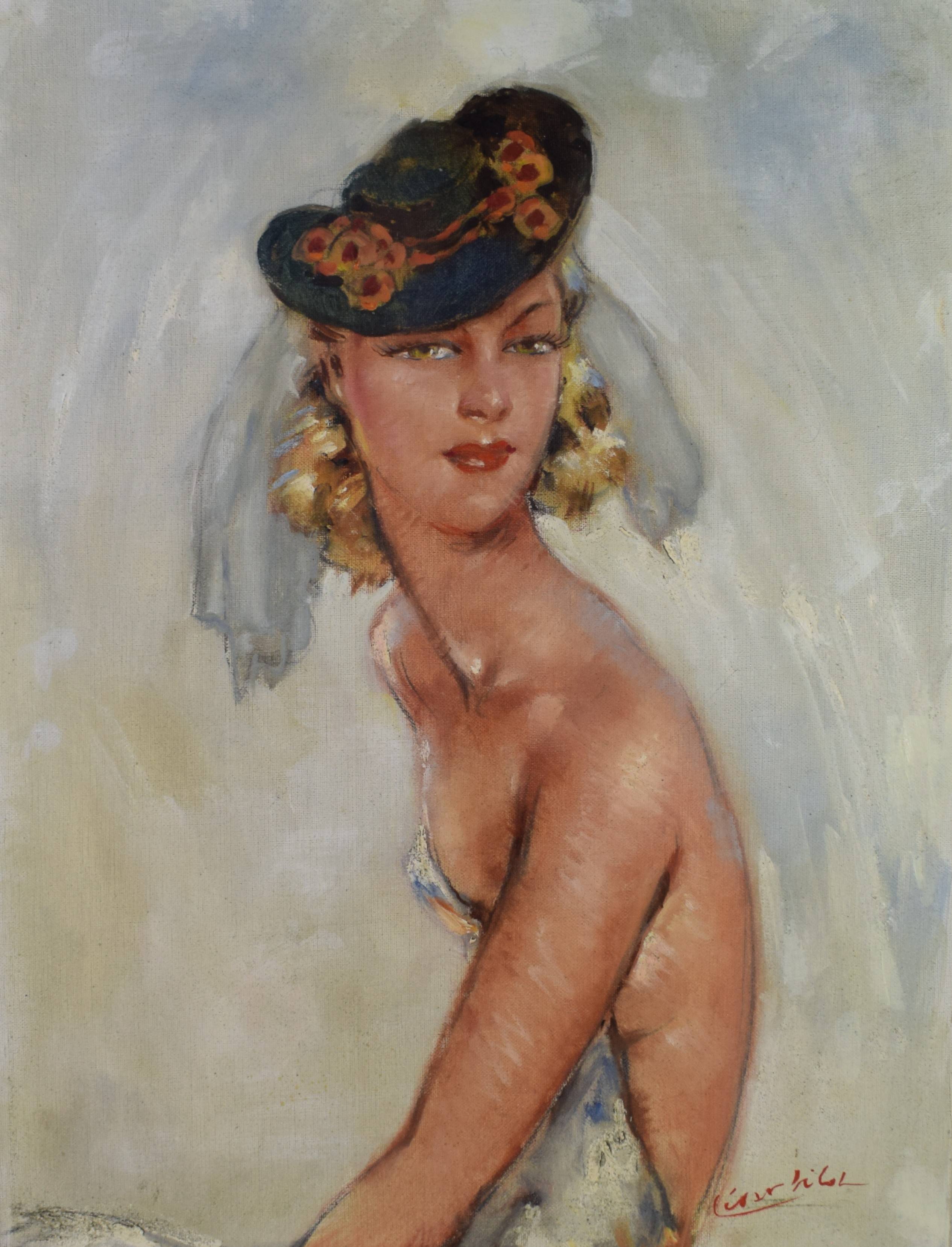 tableau La pinup  Vilot César personnage  huile toile 1ère moitié 20e siècle