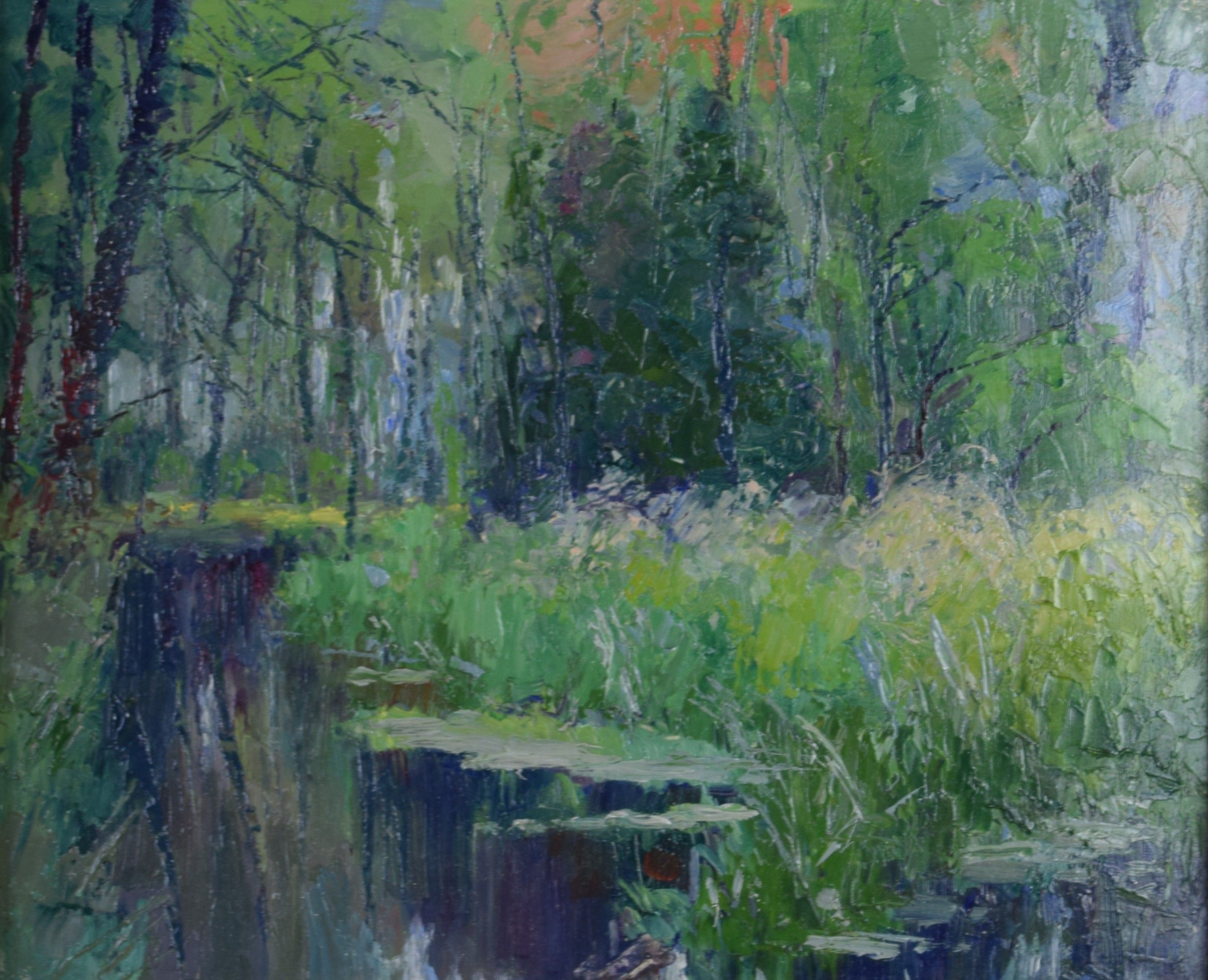 tableau Le ruisseau  Warzée Adrienne paysage  huile panneau 1ère moitié 20e siècle