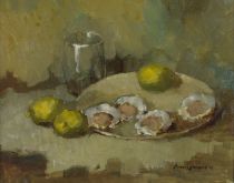 tableau les huitres et citrons Demesmaecker Jean-Joseph nature morte  huile unalite 2ième moitié 20e siècle
