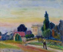 tableau Sur le chemin Honta Renée paysage,personnage  huile carton 1ère moitié 20e siècle