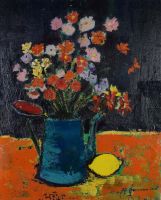 tableau Les fleures et le citron  Janssens A fleurs,nature morte  huile toile 2ième moitié 20e siècle