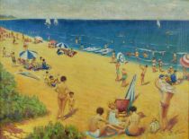 tableau Journée à la plage Sina Jos. V. marine,personnage  huile toile 2ième moitié 20e siècle