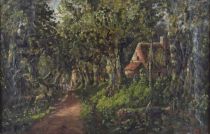 tableau La chaumière et les animaux   animaux,paysage,sous-bois  huile toile 19e siècle