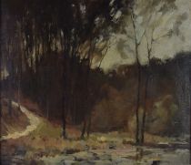 tableau Le chemin de l'étang   paysage  huile panneau 2ième moitié 20e siècle
