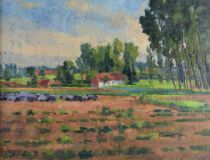 tableau Koeivijver à Dilbeek Lejeune Frans paysage  huile panneau 1ère moitié 20e siècle