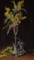 tableau Les mimosas    fleurs,nature morte  huile toile 19e siècle