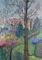 tableau Les fonds de jardins Perrot M paysage  mixte papier 2ième moitié 20e siècle