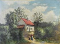 tableau Retour à la maison   paysage,personnage  huile toile 1ère moitié 20e siècle
