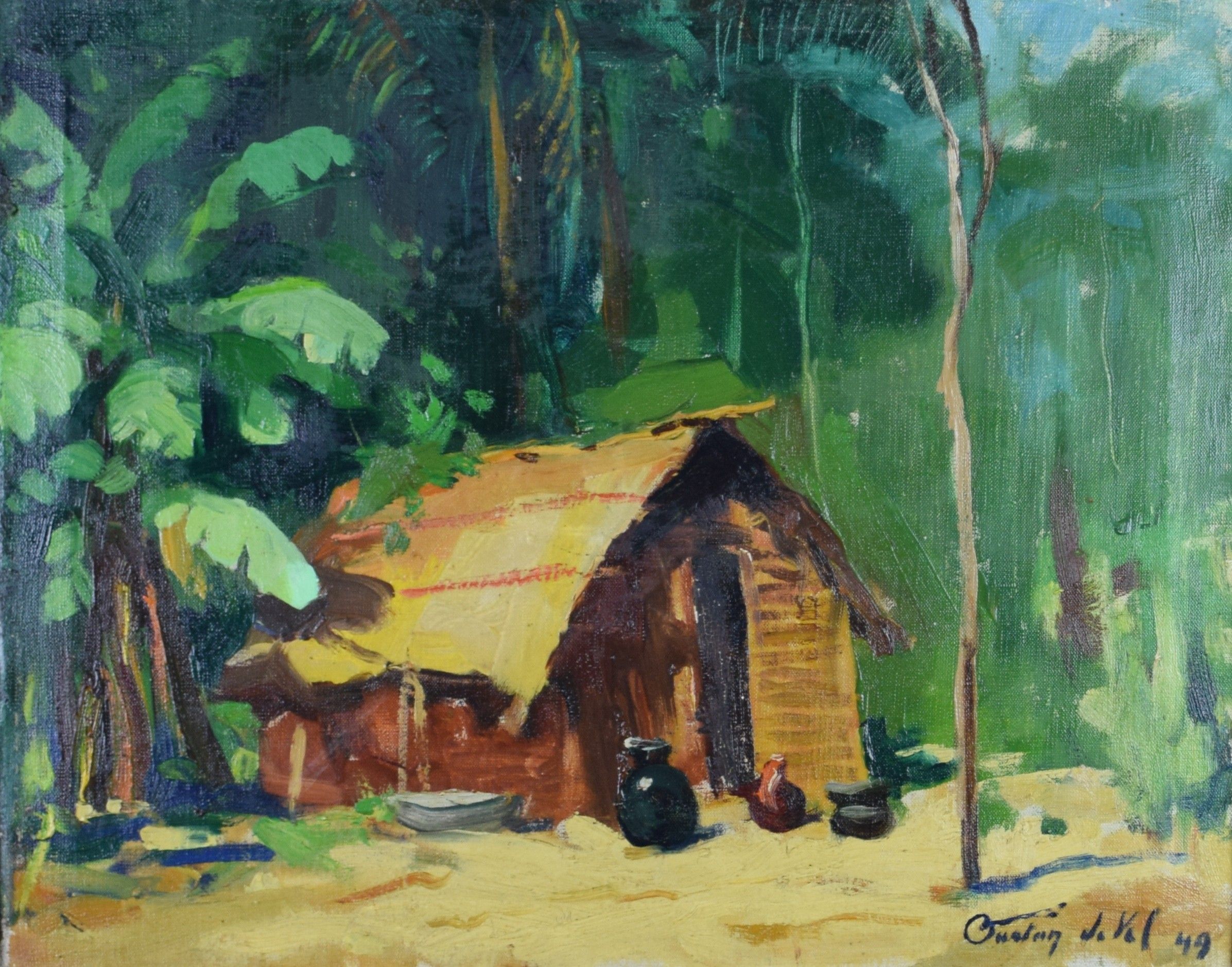 tableau Au Congo De Vel Gaston village,africaniste  huile toile 1ère moitié 20e siècle
