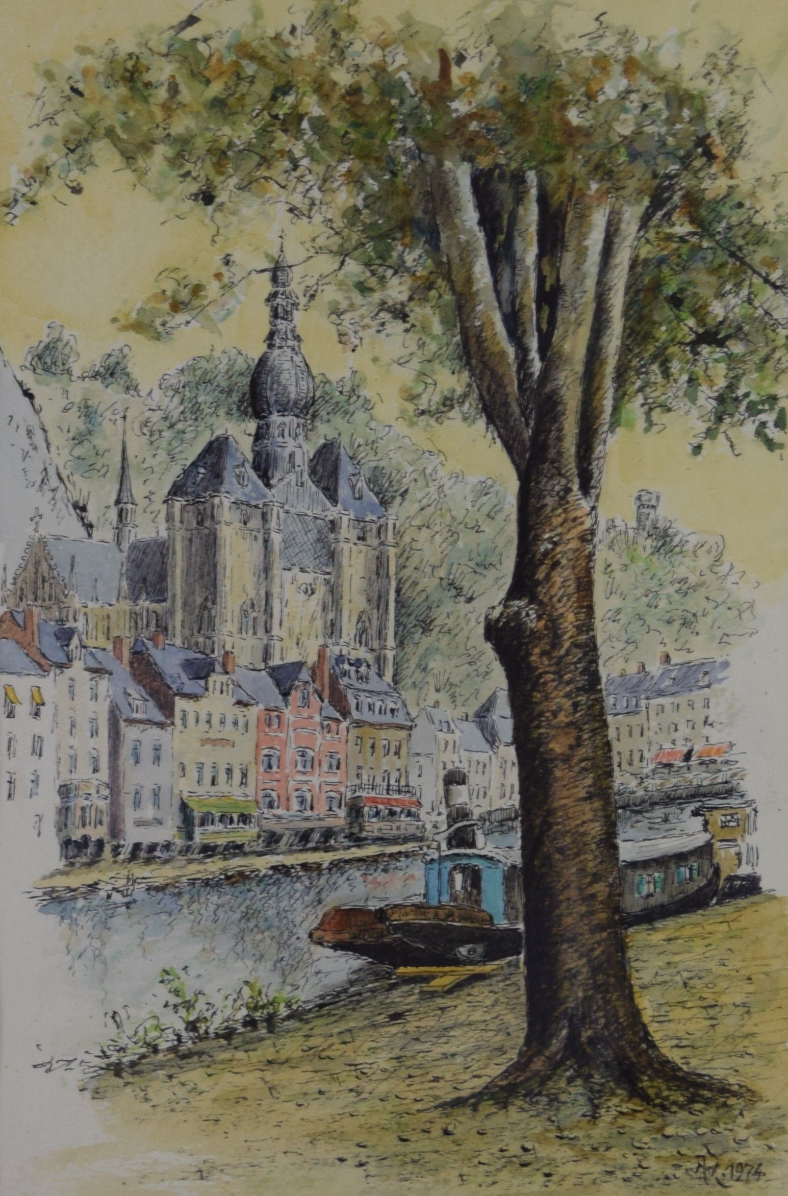 tableau Dinant l'église   ville  mixte papier 2ième moitié 20e siècle